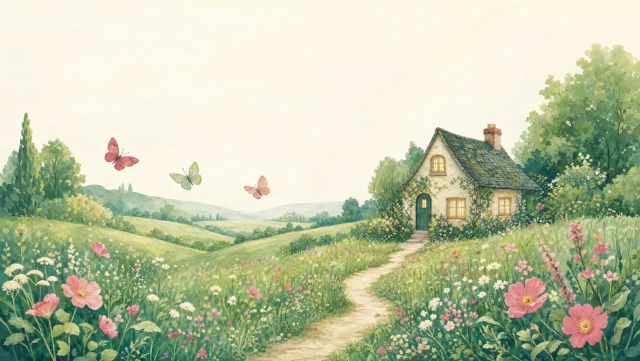 A gouache painting of a green meadow with wildflowers, butterflies and one house with lit windows