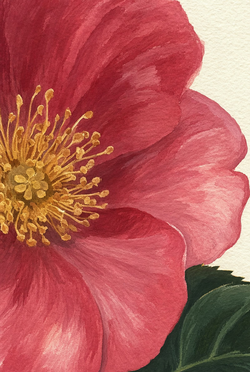 Macro painting of layered rose petals in gouache